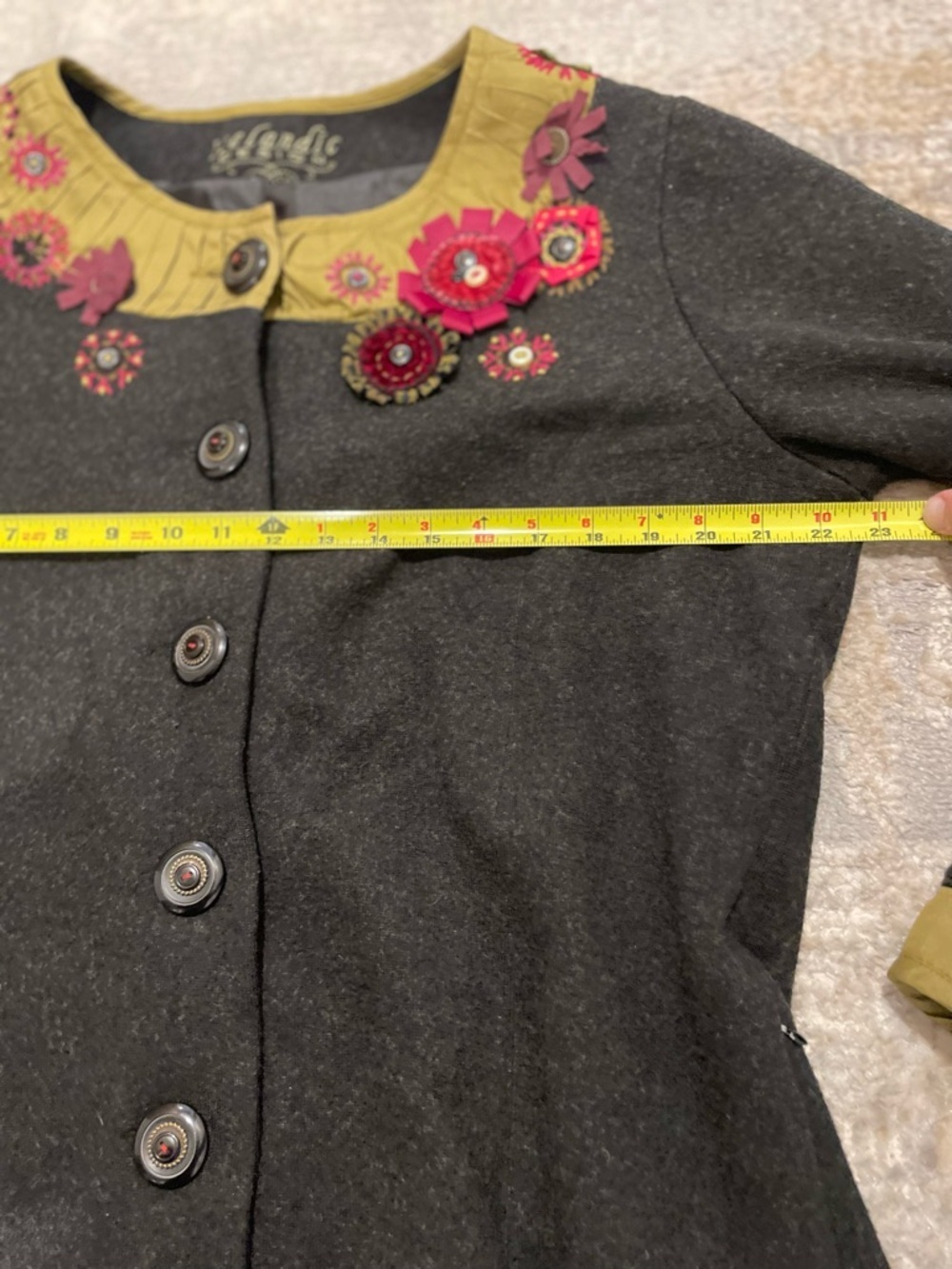 Icelandic Design Gray Silk Floral Applique Lined Wool Jacket Women's Size XL - Picture 9 of 14